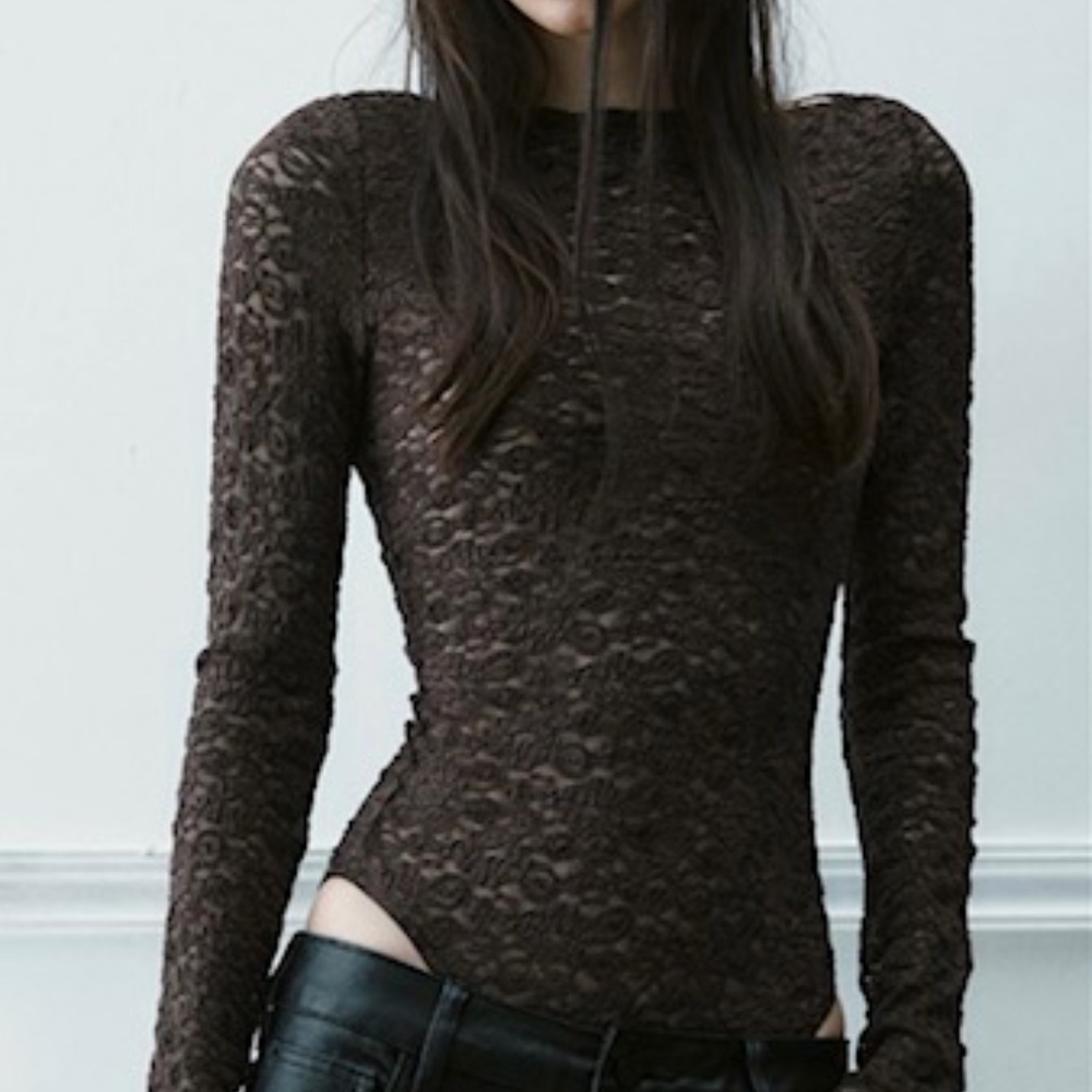 VERY SEXY BEFREE LACE STRETCH Long Sleeve Bodysuit TOP BOAT neck L